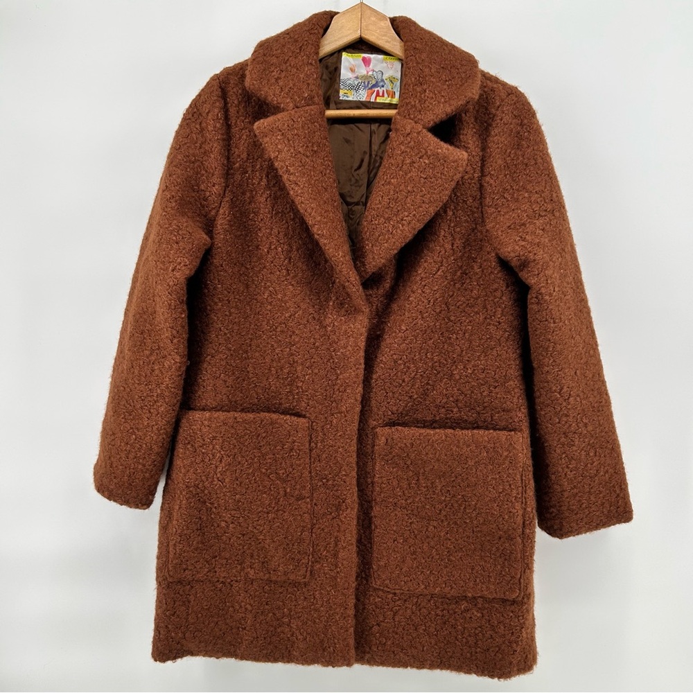 Women's‎ Brown Teddy Coat Vtg Style Polyester Snap Front Pockets Sz Small Retro